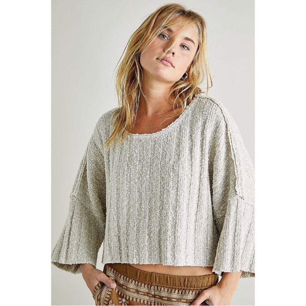 Free People Good Day Crop Pullover Oversized Textured Bouclé Beige Taupe S